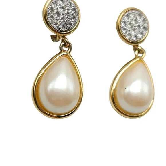 Monet Faux Pearl Clear Rhinestone Dangle Drop Earrings Gold Tone Vintage - Picture 3 of 6